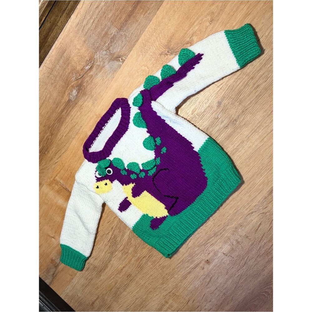 Vintage Handmade Knit Dinosaur Toddler Sweater in Purple, Green & Cream